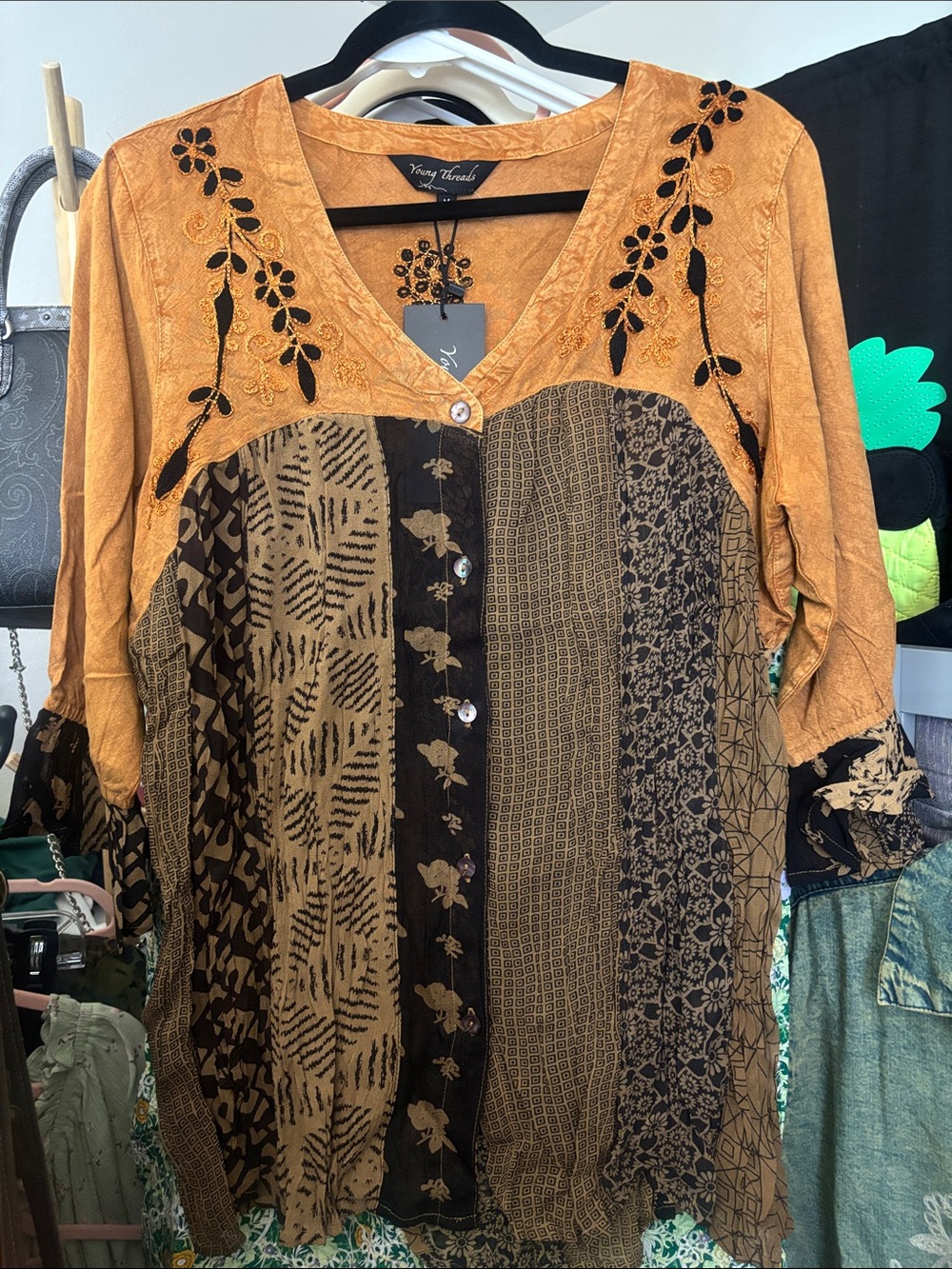 Young Threads Golden Tan Brown Embroidered Floral Patchwork Button Top